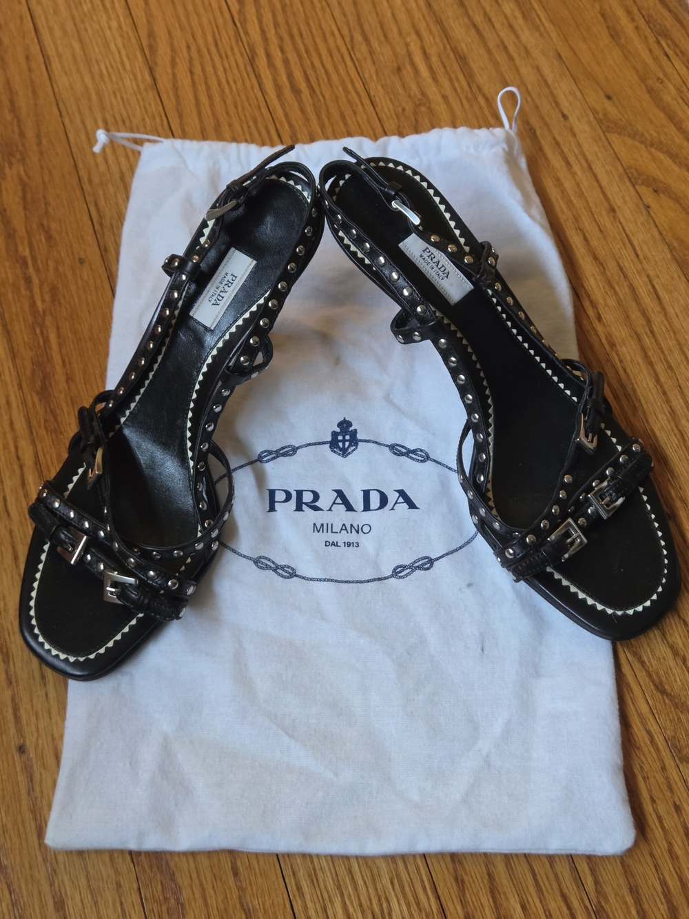 Prada Black Studded Leather Slingback Sandals